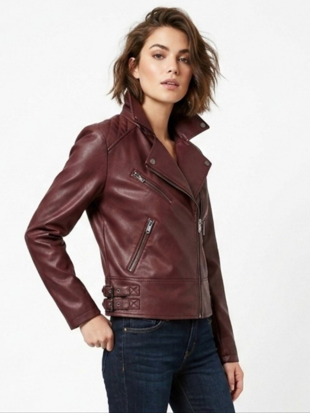 FRENCH CONNECTION Faux Leather Moto Jacket In Burgundy Size Small